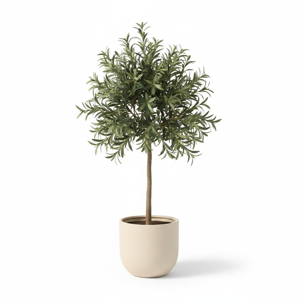 Medium artificial olive shrub in warm-white planter on white background