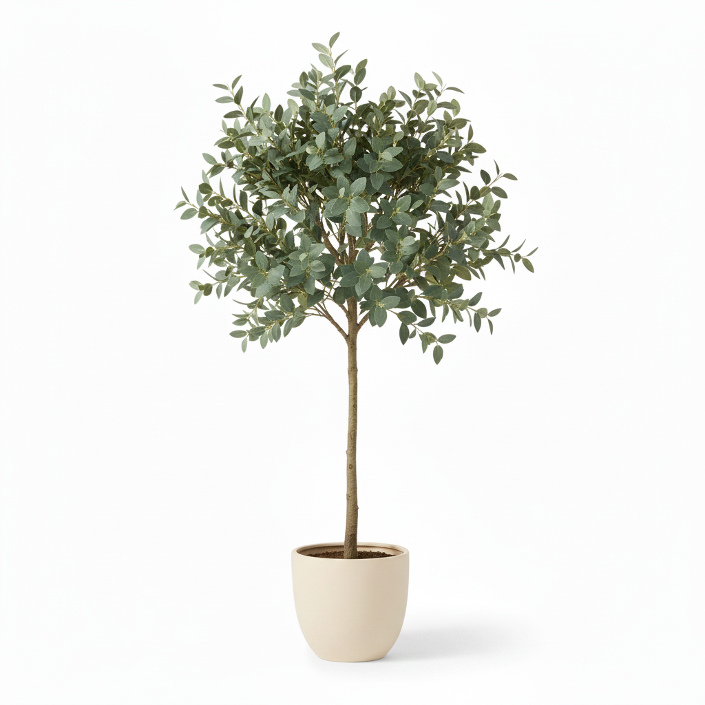 Left angle of medium artificial eucalyptus tree in warm-white planter