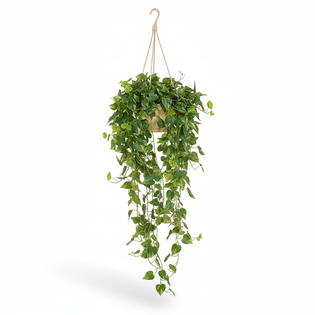 Medium artificial hanging pothos in warm-white pot on white background