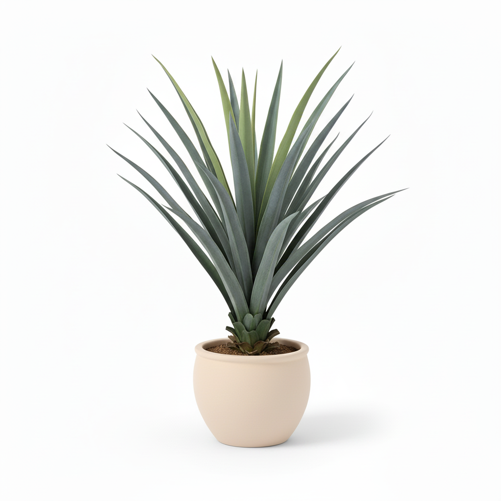 Right angle of medium artificial potted agave in warm-white planter