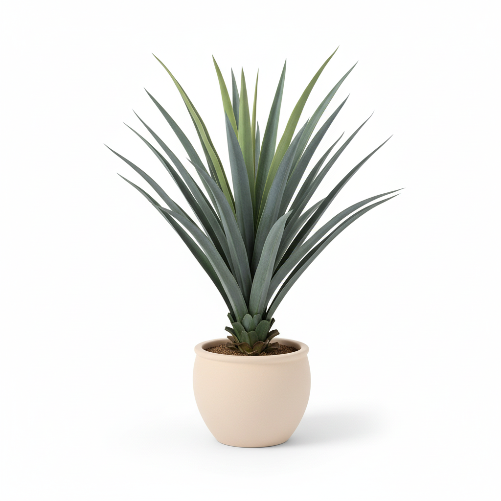 Medium artificial potted agave in warm-white planter on white background