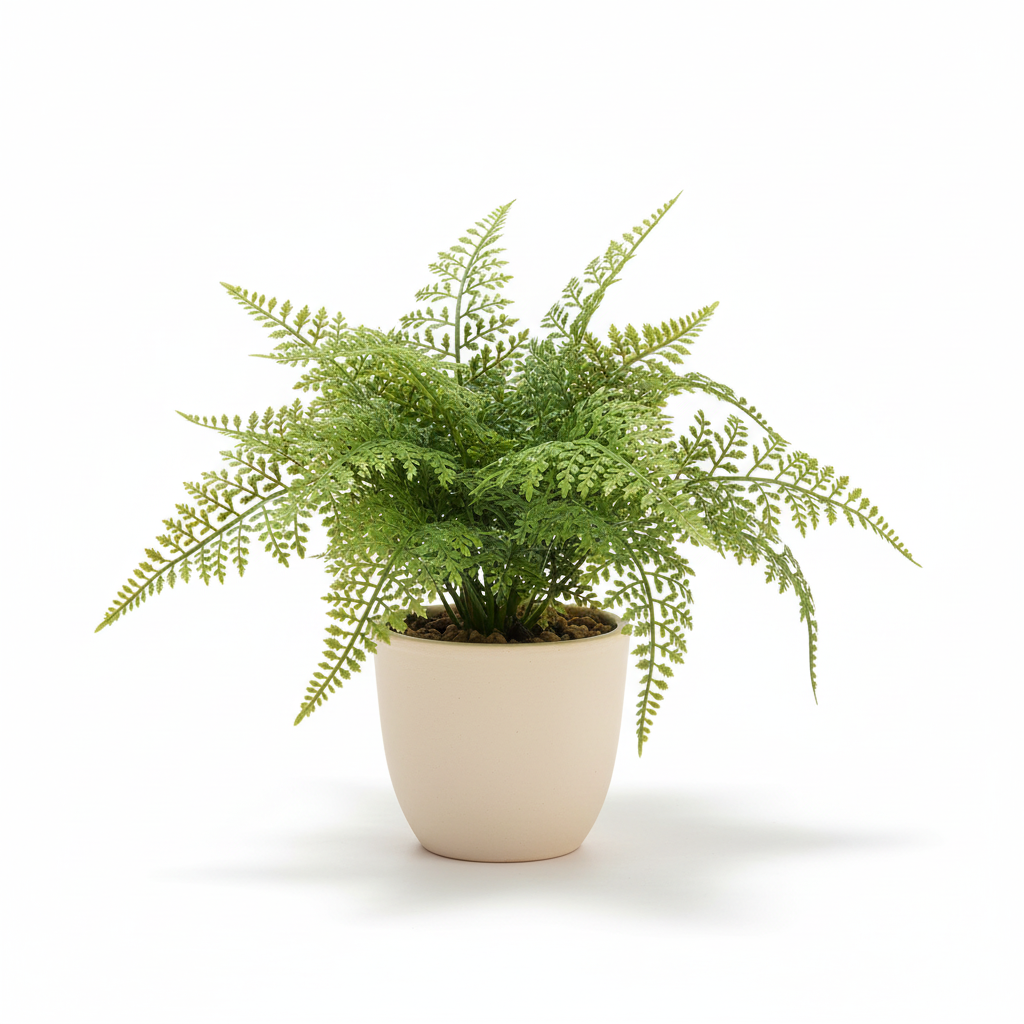 Medium artificial maidenhair fern in warm-white pot on white background