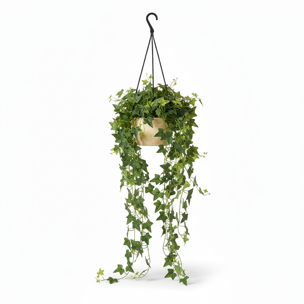 Left angle of medium artificial trailing ivy in warm-white hanging pot