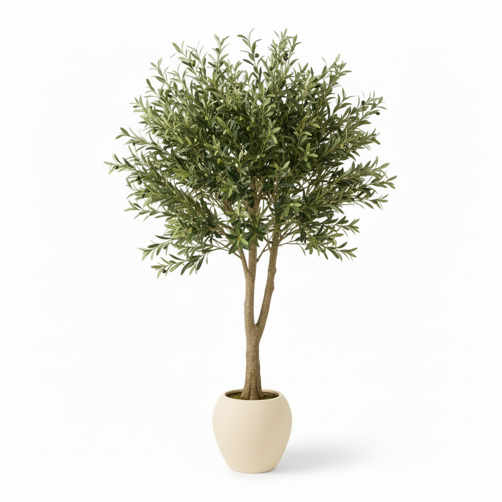 Left angle of medium artificial olive tree in warm-white planter